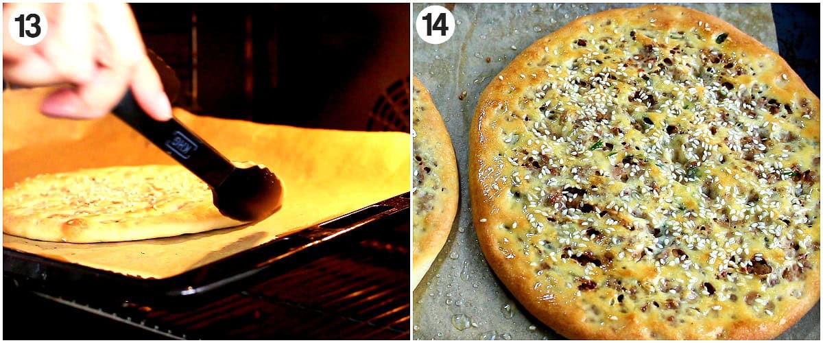 Collage of flipping naan in oven and baked naan on parchment paper.