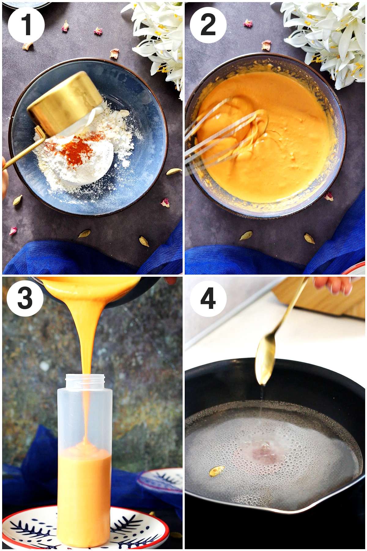 Collage of step by step jalebi instructions for step 1 to 4.