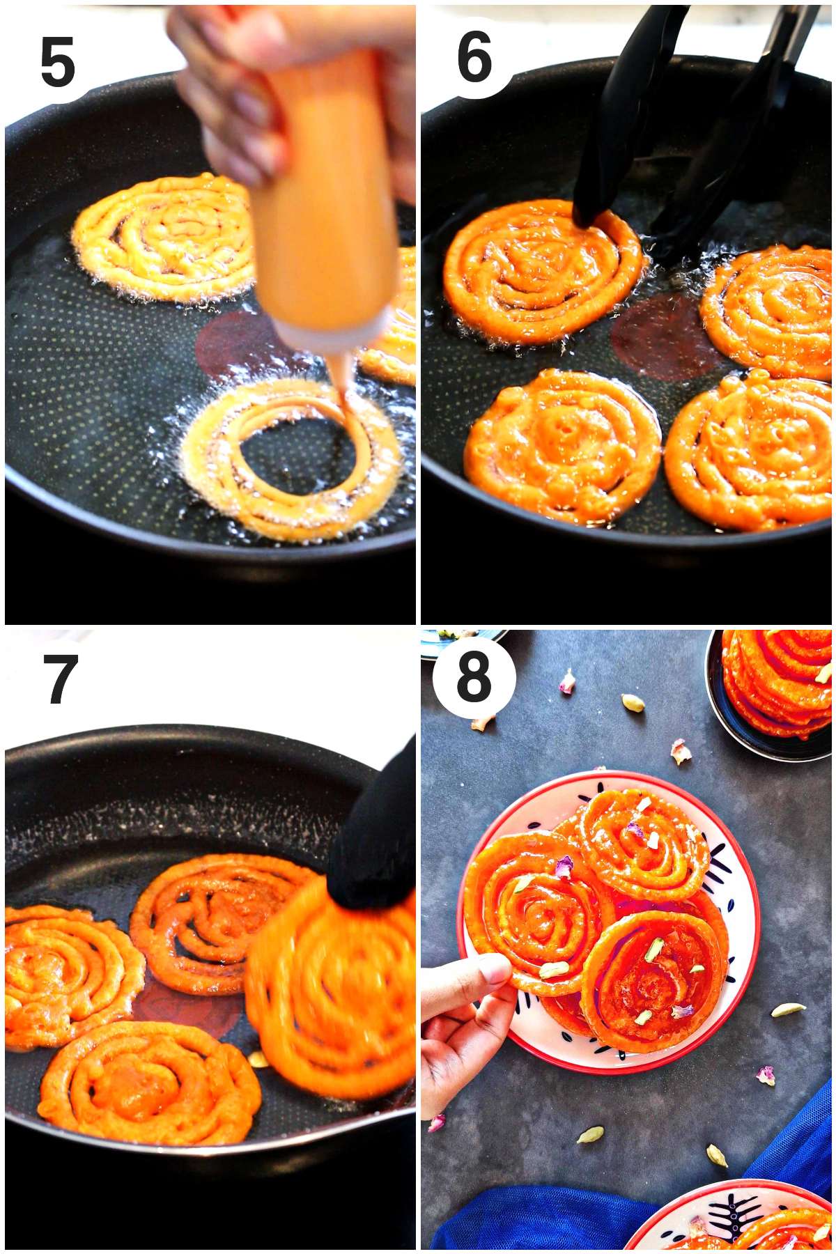 Collage of step by step jalebi instructions for step 5 to 8.