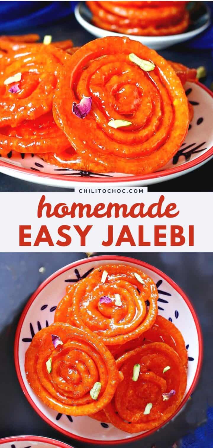 Pinterest collage with text for homemade easy jalebi.