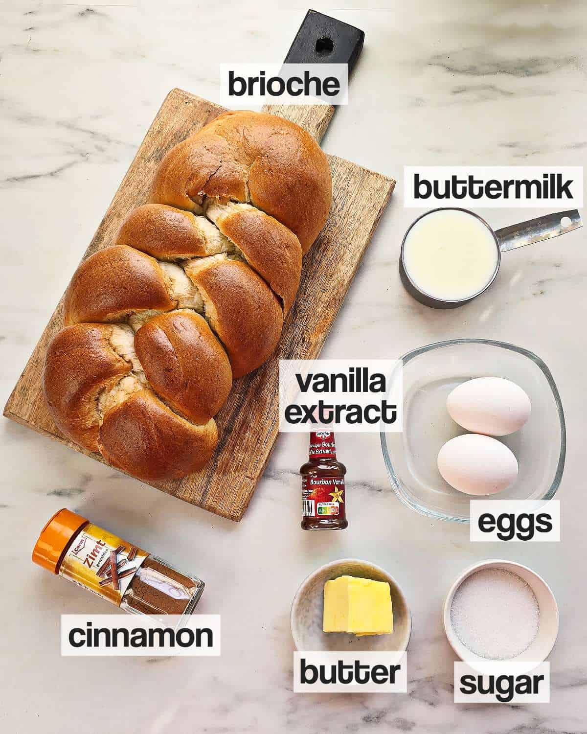 Labeled ingredients for making buttermilk French toast.