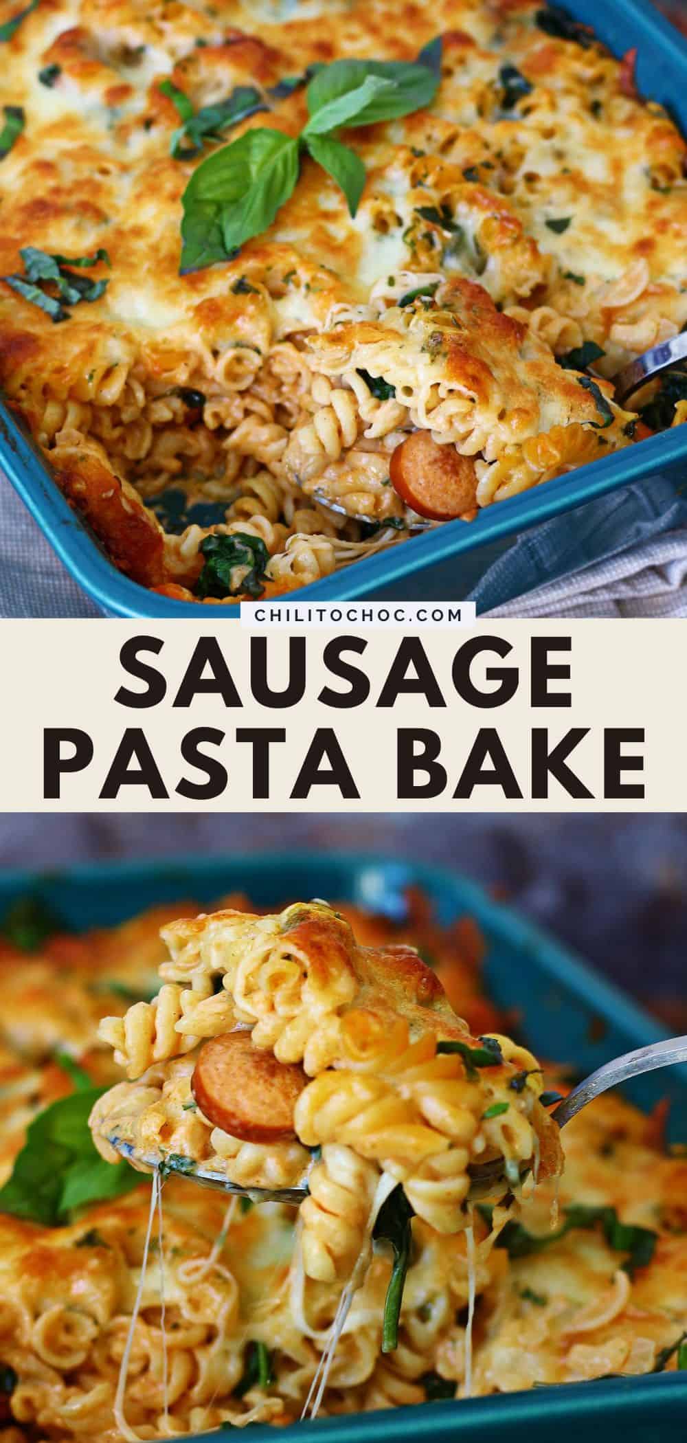 Pinterest collage for creamy sausage pasta bake.