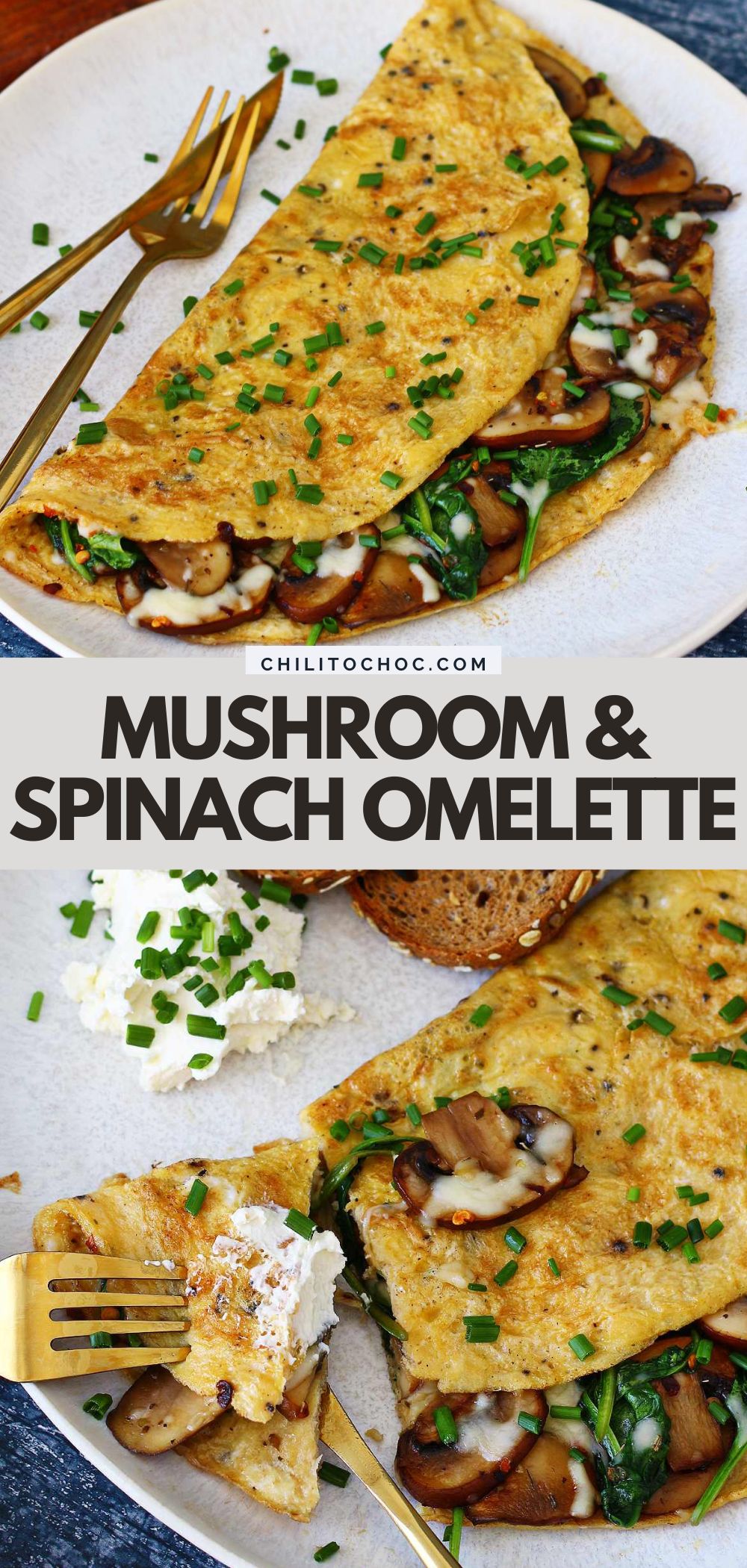 Pinterest collage for mushroom and spinach omelette.