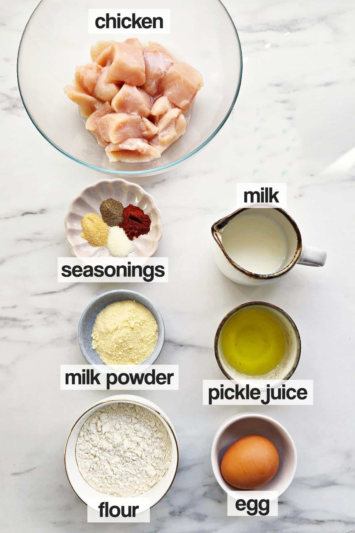 Labeled ingredients for making chick fil a nuggets.