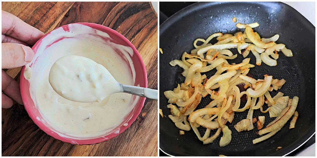 Left to right, a dip bowl with garlic sauce and a pan with caramelized onions.