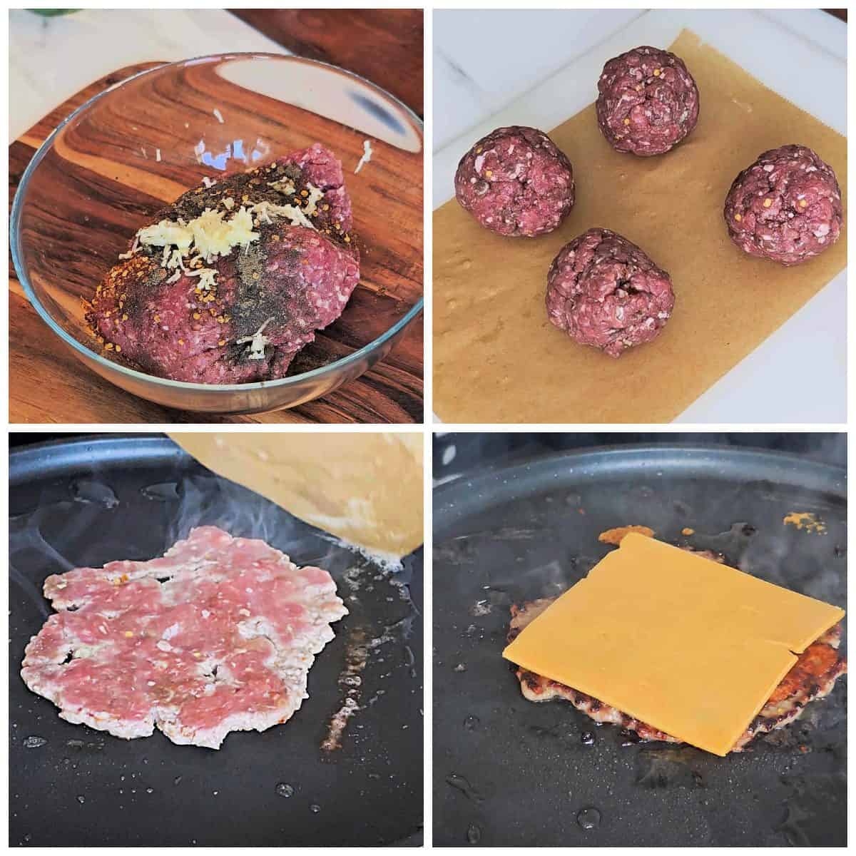 A collage of four pictures showing the making of smashed patties.