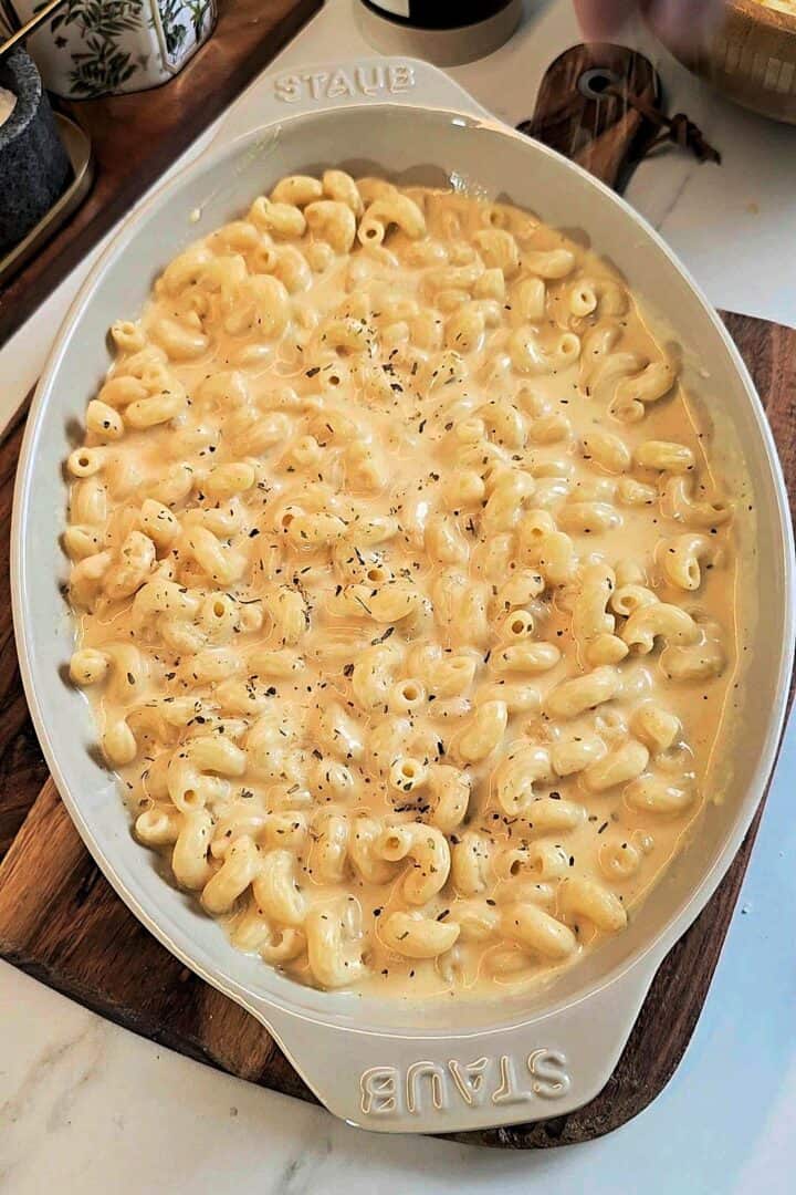 Cooked mac and cheese in a large baking dish.