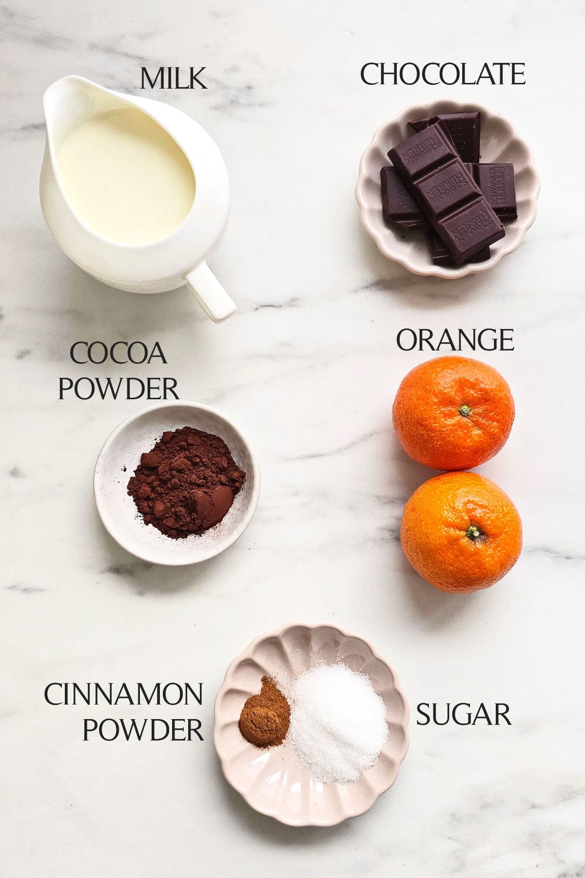 Labeled ingredients for hot chocolate.