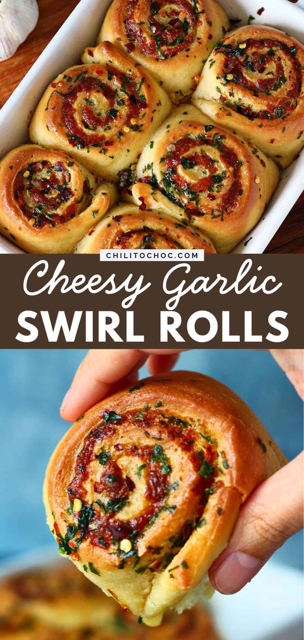 Pinterest collage for Cheesy Garlic Swirl Rolls.