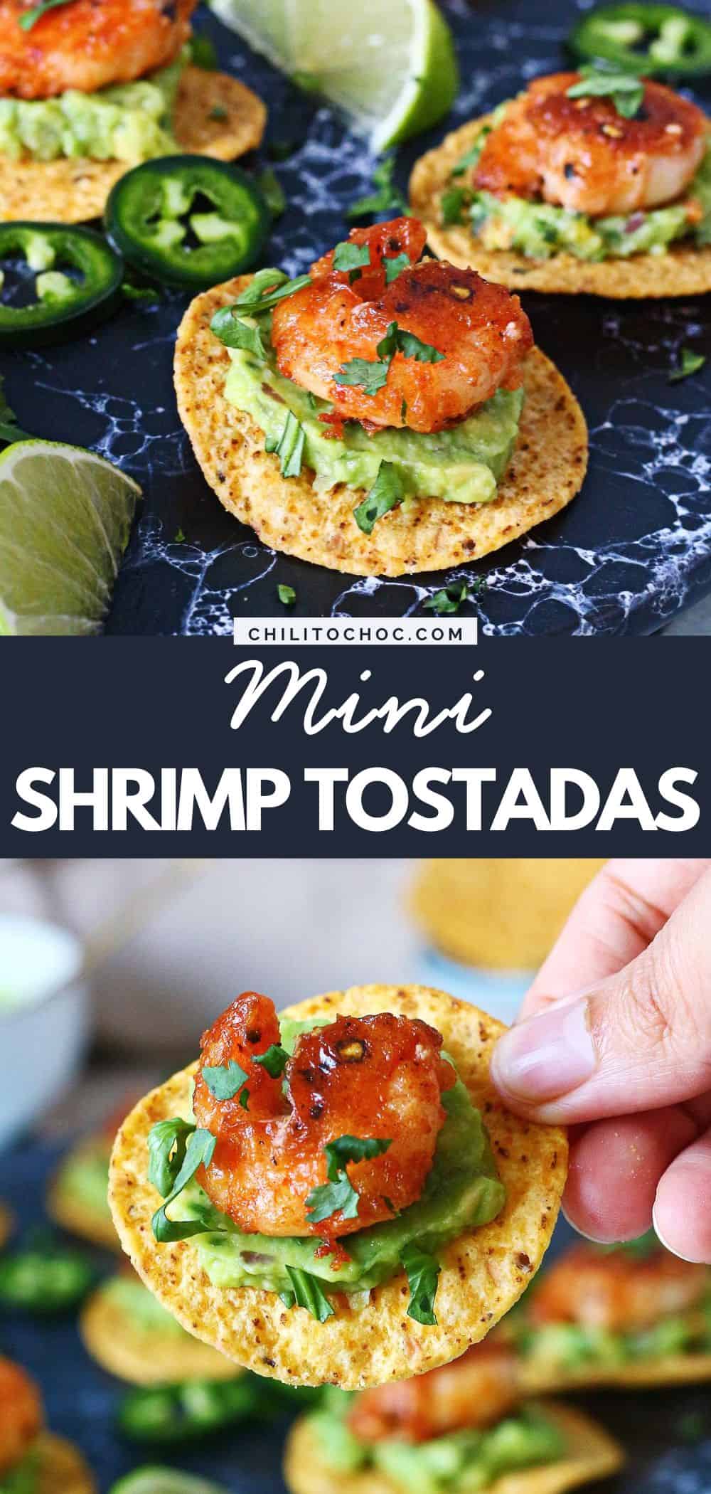 Pinterest collage for mini shrimp tostadas.