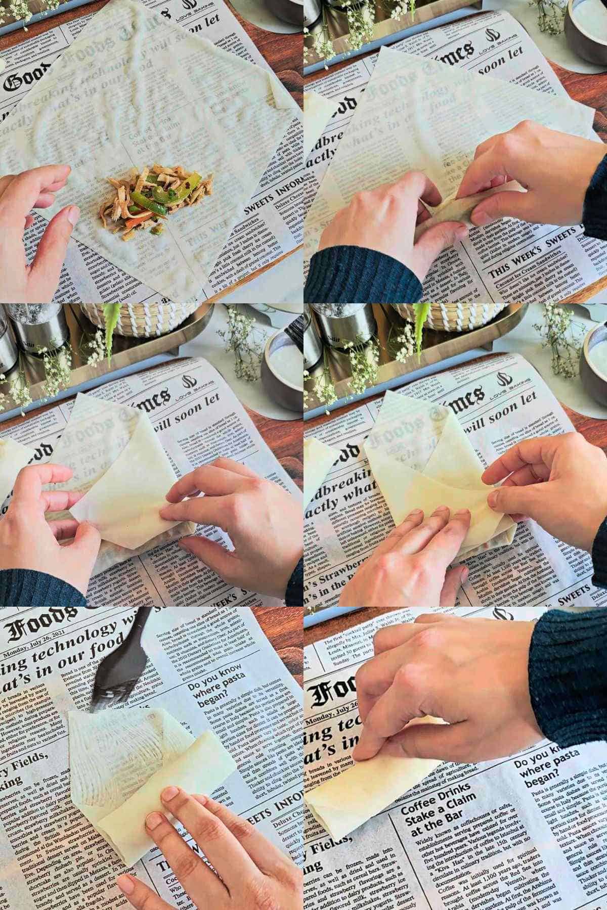 Step-by-step collage showing filling placed on wrapper and the folding and rolling process of a spring roll.