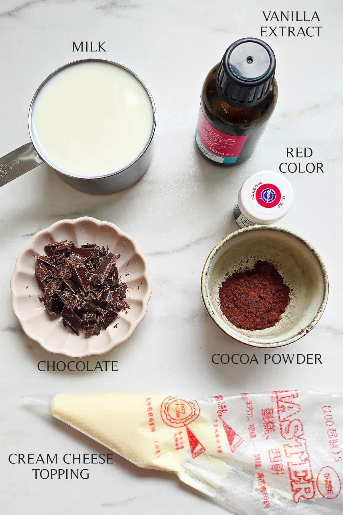 Labeled ingredients for red velvet hot chocolate.