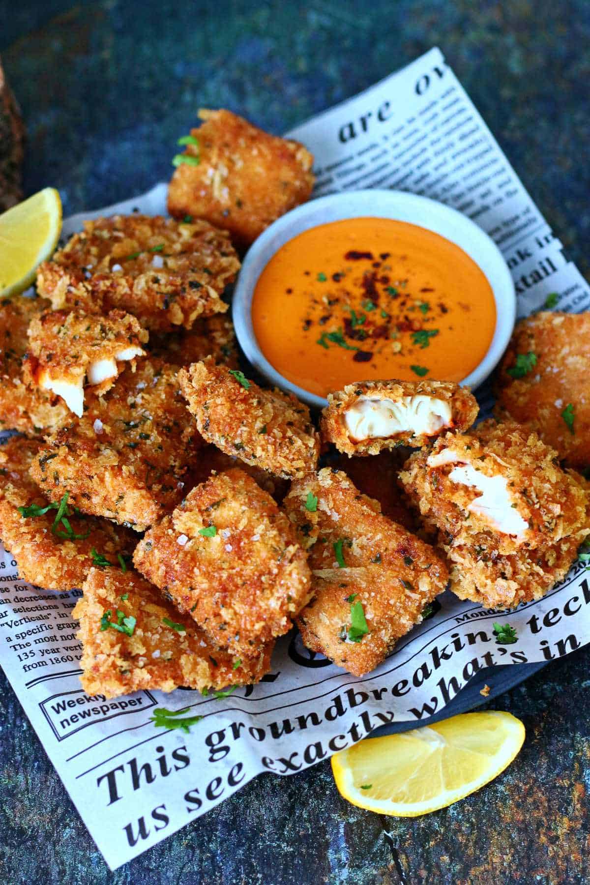 A pile of spicy fish nuggets on baking paper next to a bowl of sauce.