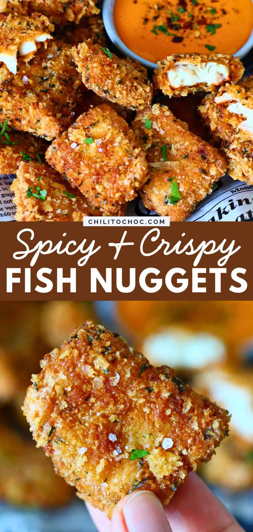 A pinterest collage for spicy fish nuggets.