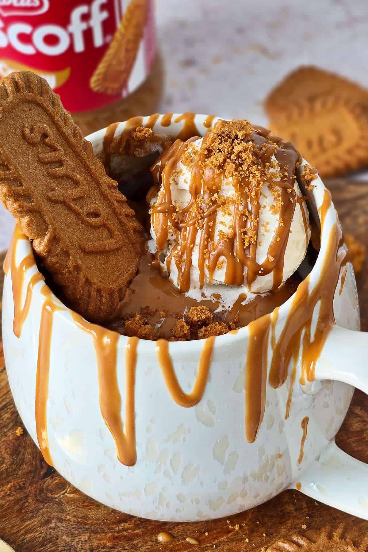 Biscoff mug cake topped with vanilla ice cream, Biscoff drizzle, and cookie crumbs in a white mug.