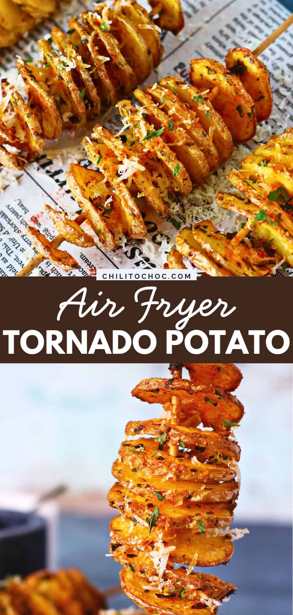 Pinterest collage for air fryer tornado potato.