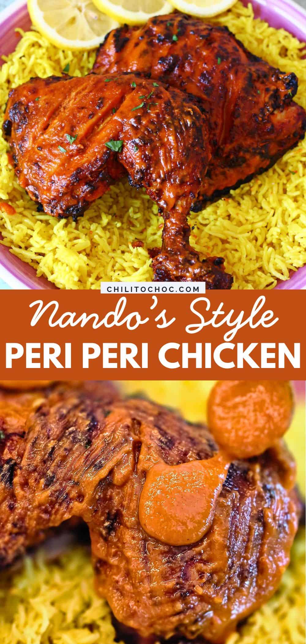 Pinterest graphic for Nando's Style Peri Peri Chicken.