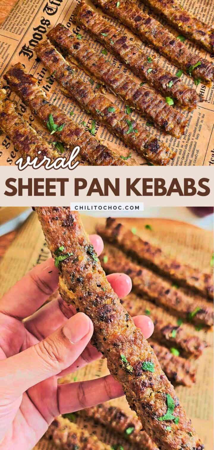Pinterest collage for viral sheet pan kebabs.