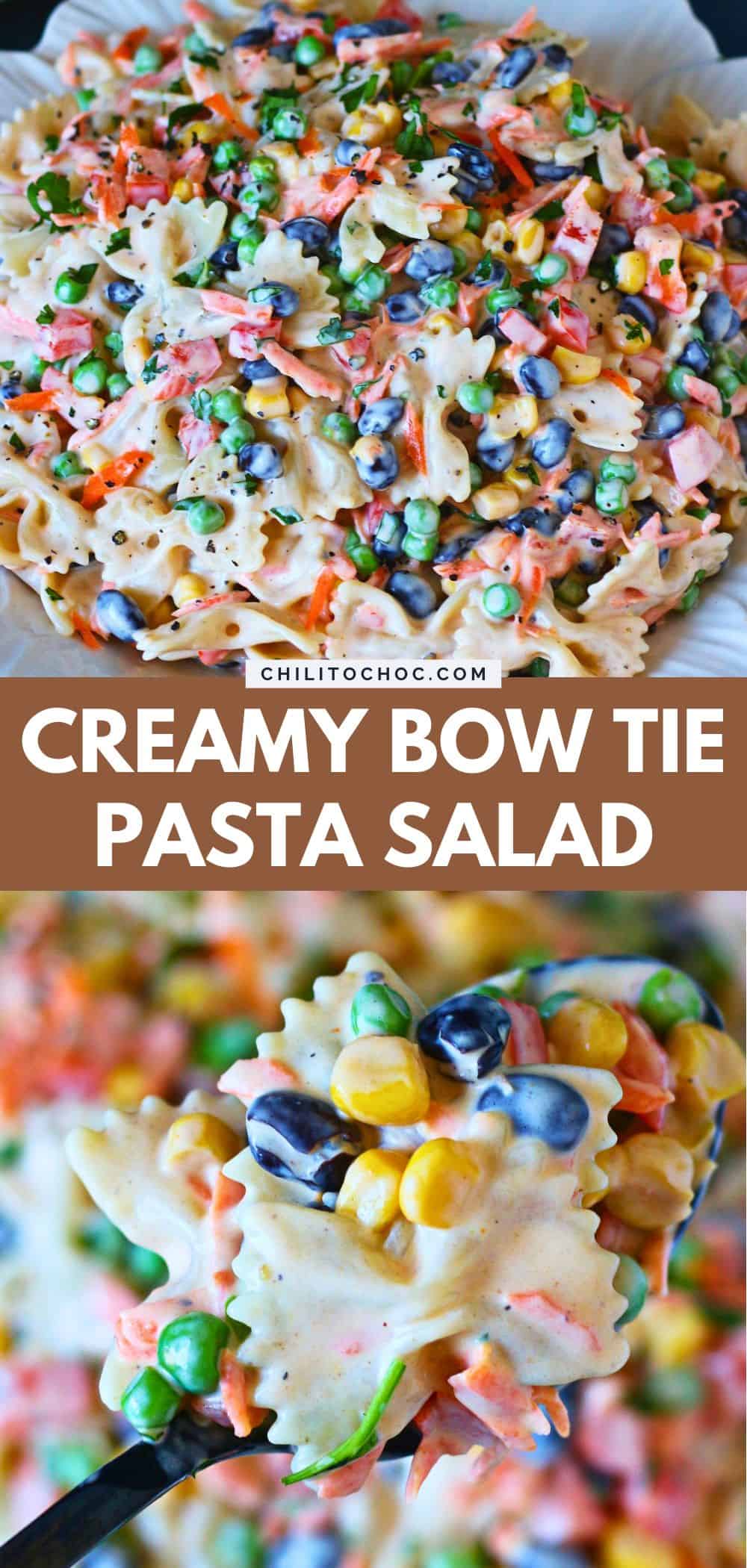 Pinterest collage for creamy bow tie pasta salad.