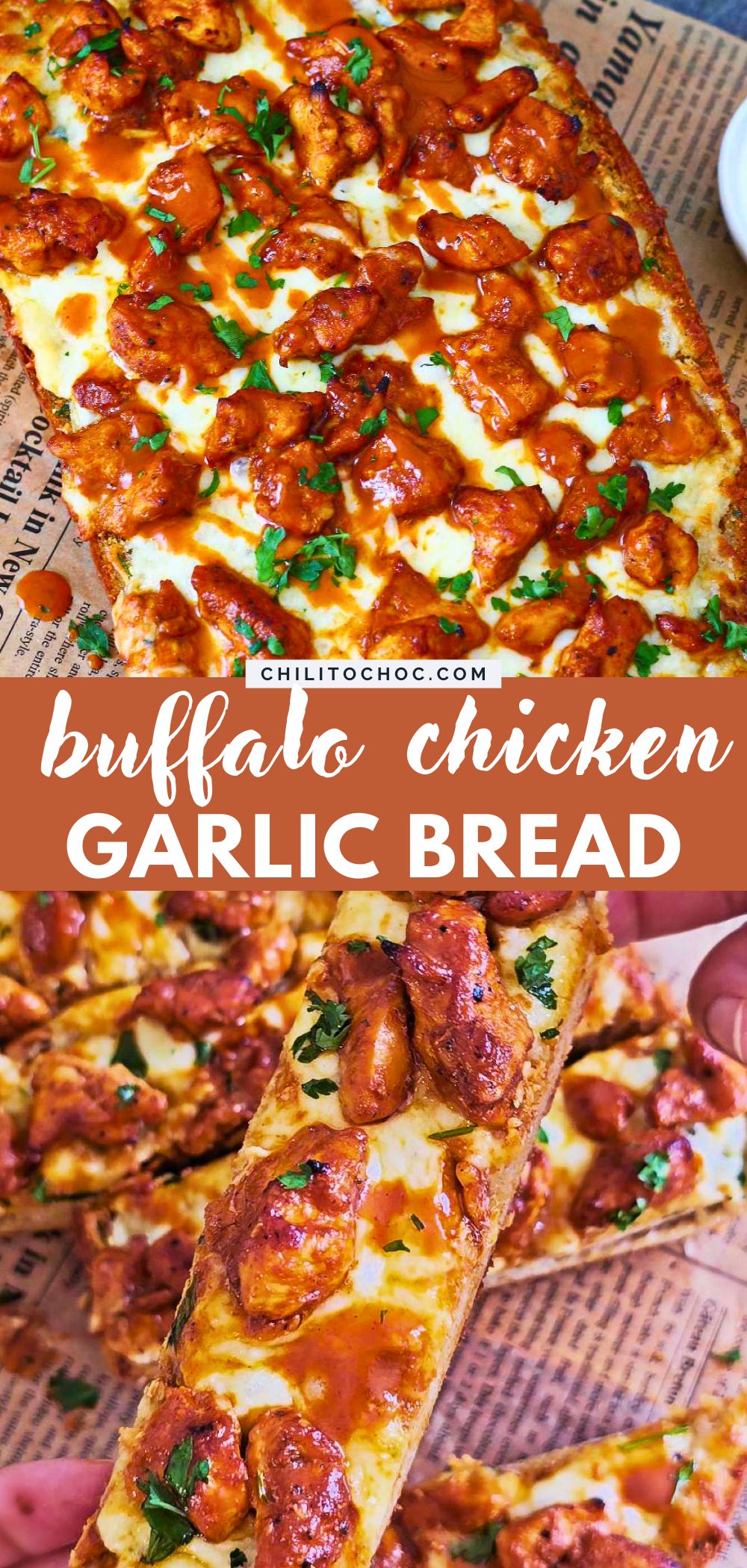 Pinterest collage for buffalo chicken garlic bread.