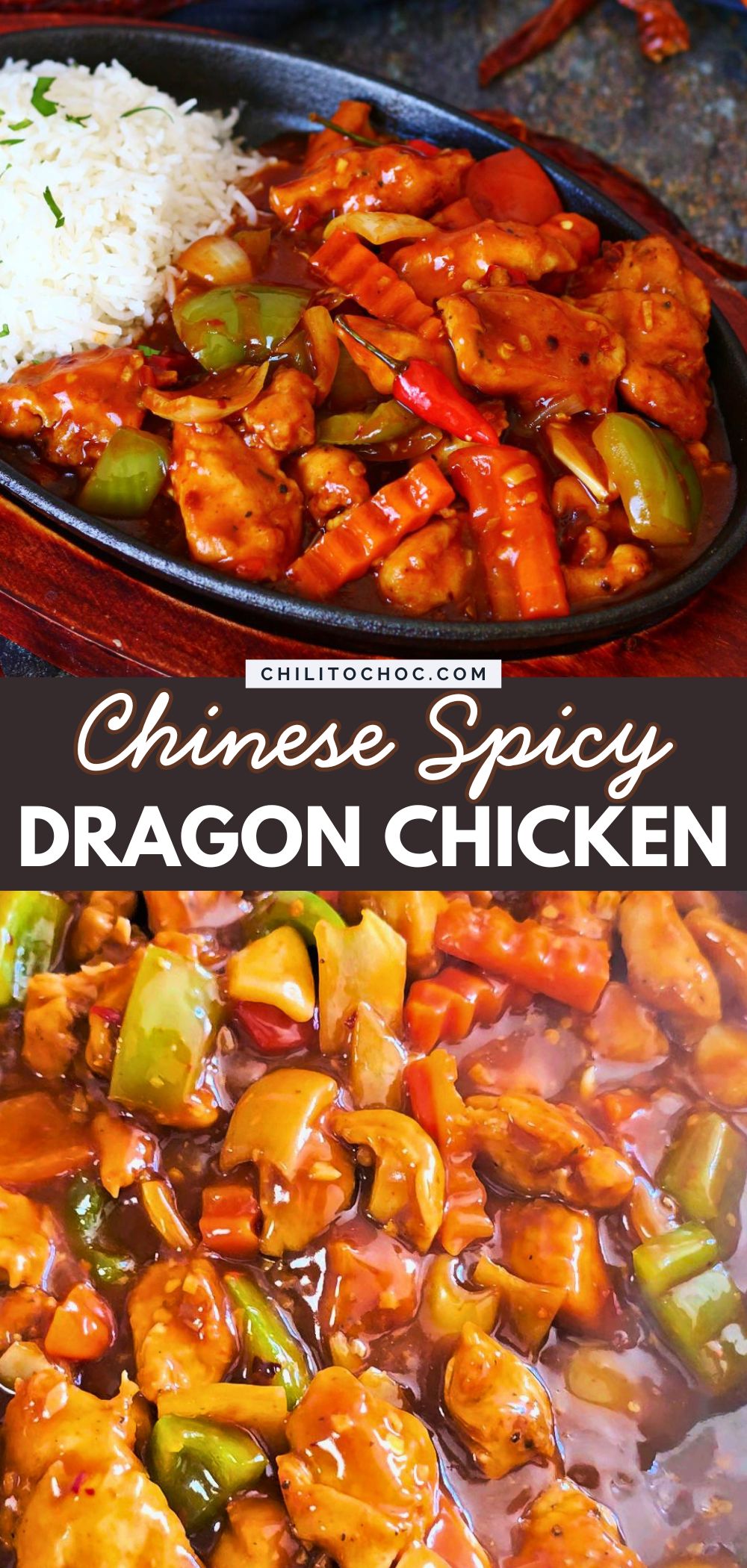 Pinterest collage for Chinese Spicy Dragon Chicken.