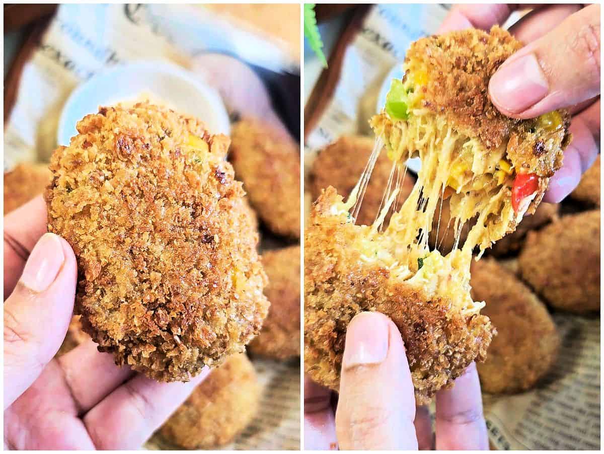 Cheesy chicken croquette with melted mozzarella and vegetables inside.