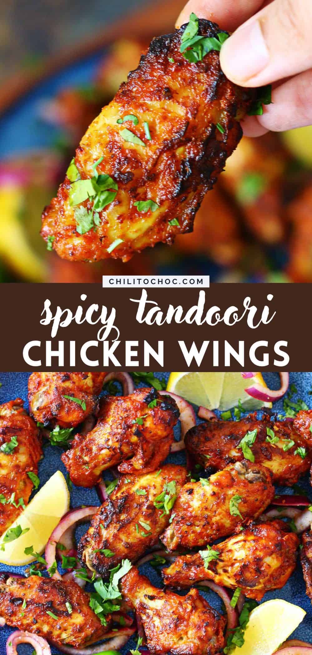 Pinterest collage for spicy tandoori chicken wings with a text overlay.