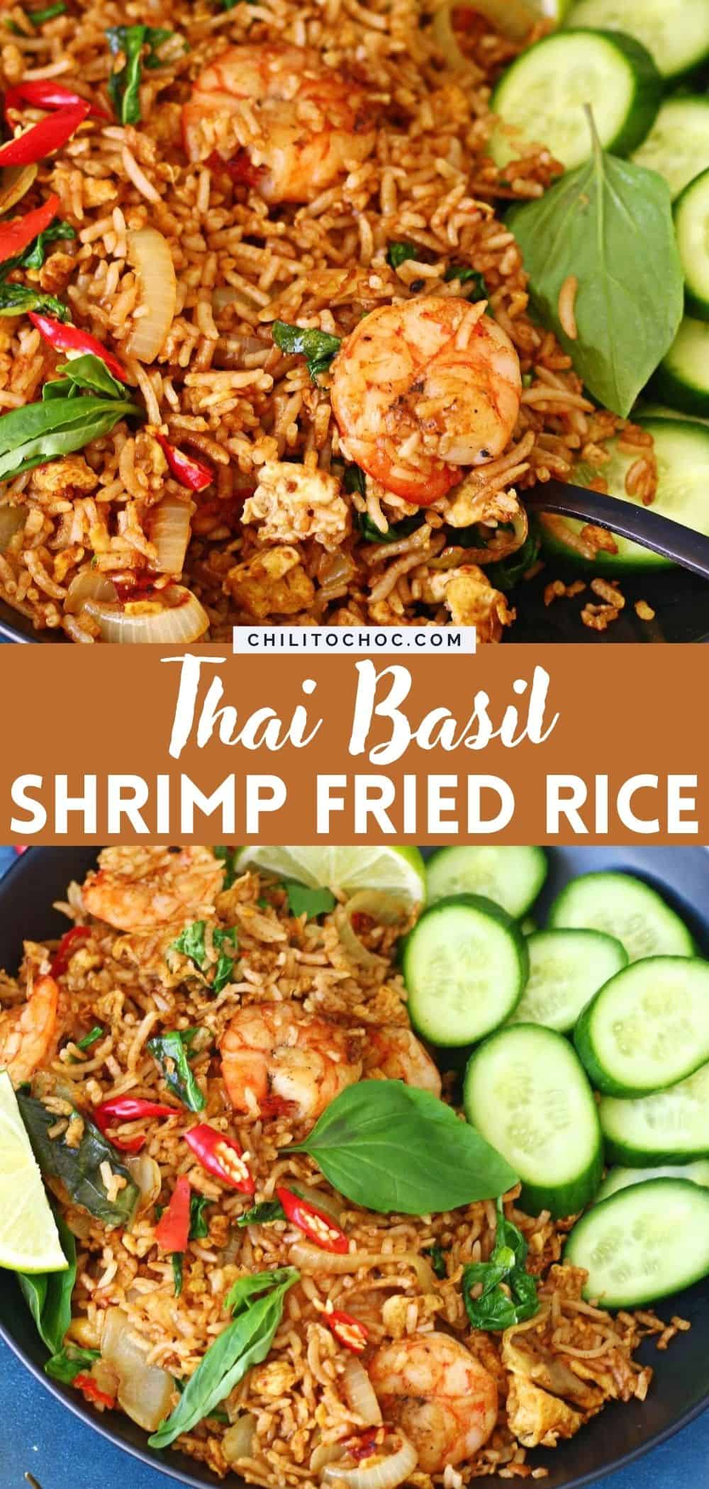 Pinterest collage for thai basil shrimp fried rice.