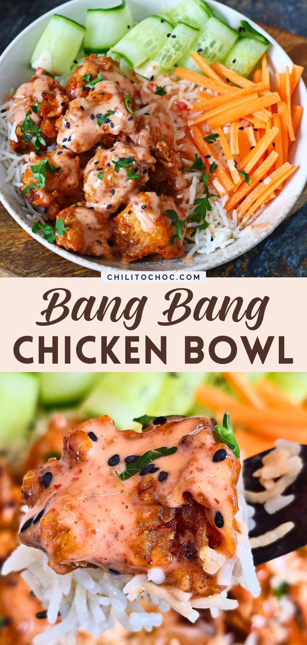 Pinterest collage for bang bang chicken bowl.